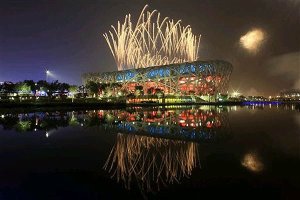 Fireworks over Beijing's National Stadium, aka the "Bird's Nest."